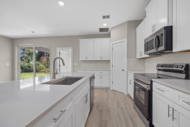 kitchen with sink, light hardwood / wood-style floors, light stone counters, white cabinetry, and stainless steel appliances