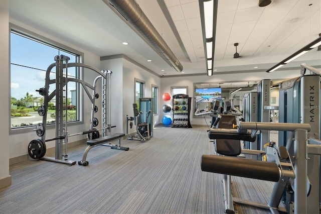 workout area featuring ornamental molding and carpet