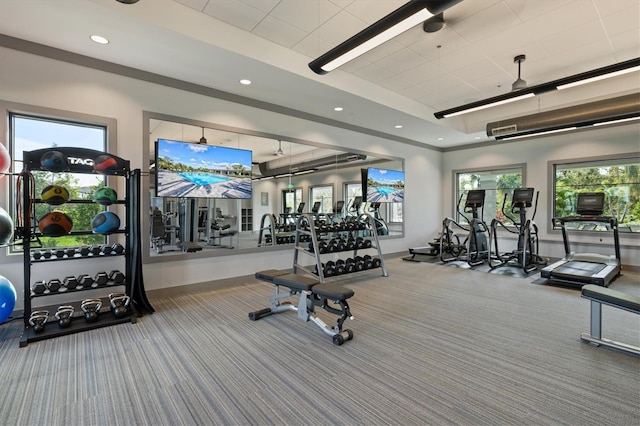 workout area featuring a tray ceiling and carpet