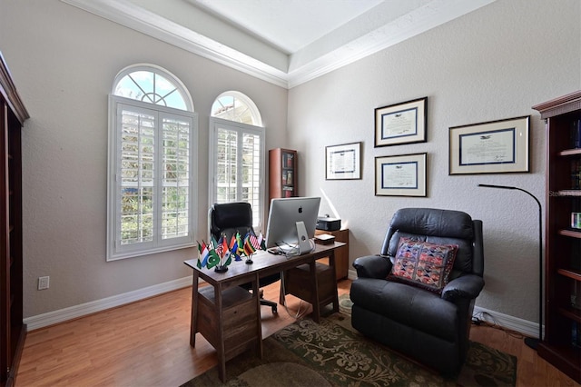 office with wood-type flooring and ornamental molding