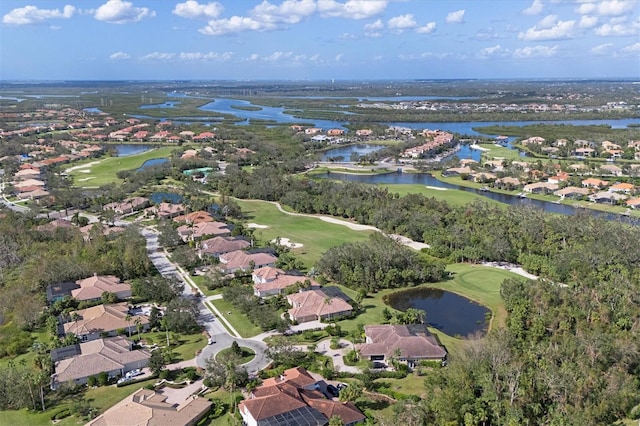 bird's eye view featuring a residential view, a water view, and view of golf course