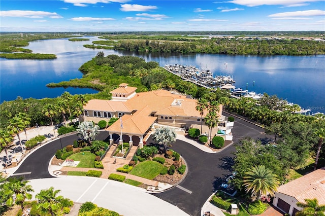 bird's eye view with a water view