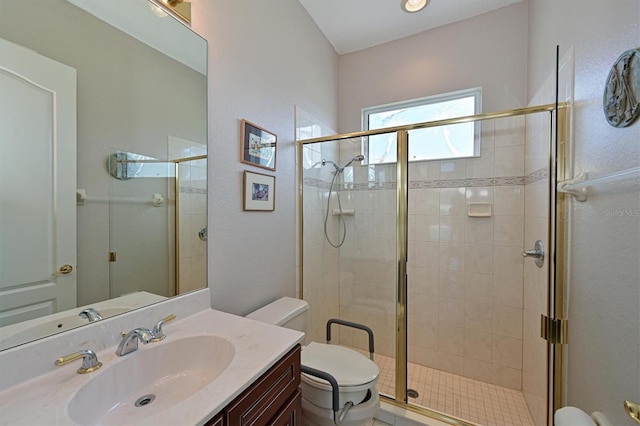 full bathroom featuring vanity, toilet, and a stall shower