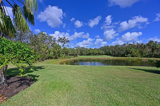 view of yard with a forest view and a water view