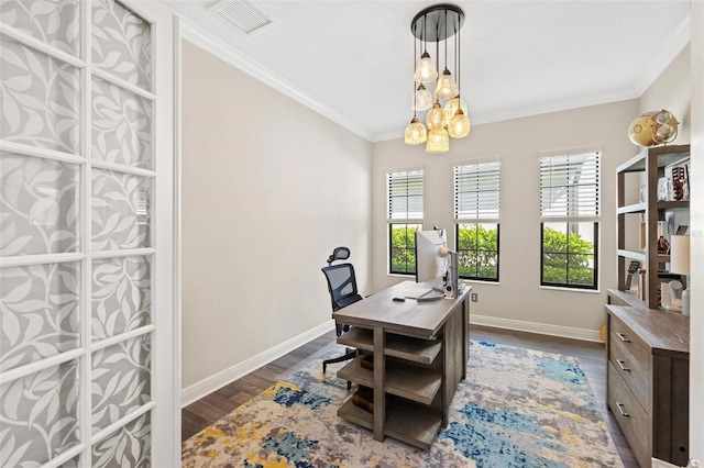 office area with crown molding, dark wood-type flooring, and an inviting chandelier