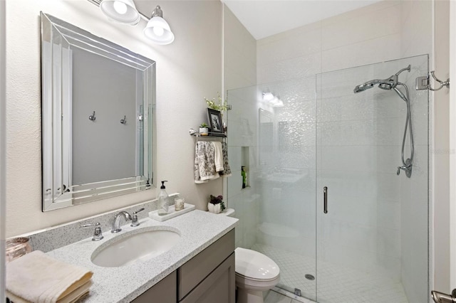 bathroom featuring vanity, toilet, and a shower with door