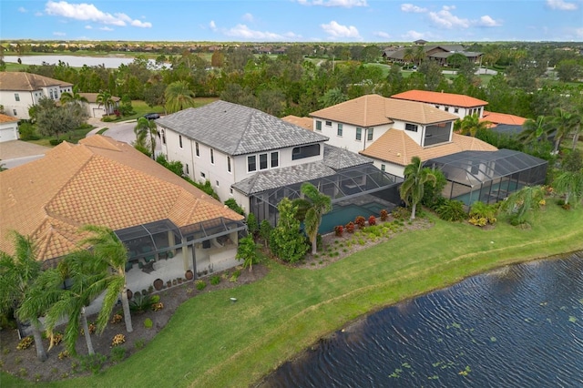 bird's eye view with a water view