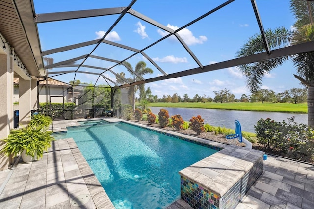 view of pool featuring a lanai, a patio area, and a water view