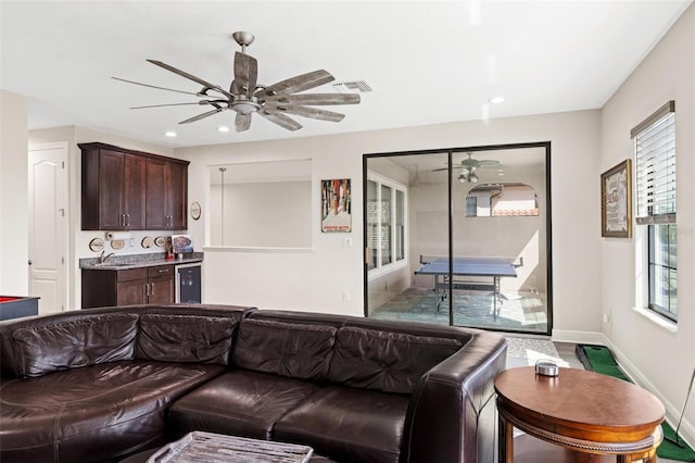 living room featuring wine cooler