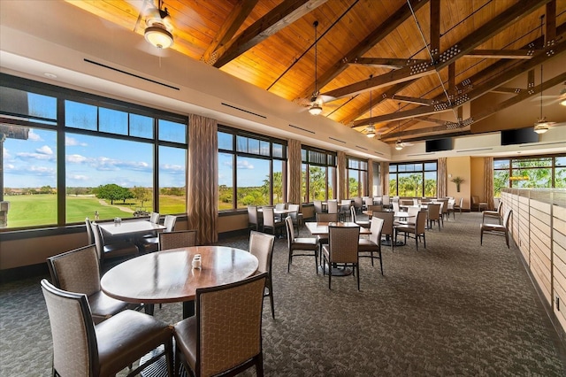 dining room featuring dark colored carpet, high vaulted ceiling, beamed ceiling, and wood ceiling