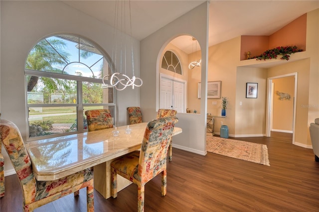 dining room featuring dark hardwood / wood-style flooring and vaulted ceiling