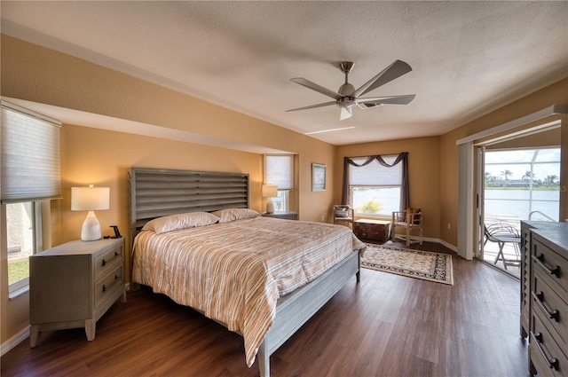 bedroom featuring dark hardwood / wood-style floors, access to exterior, multiple windows, and a water view