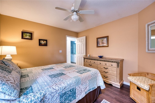 bedroom with ceiling fan and dark hardwood / wood-style floors