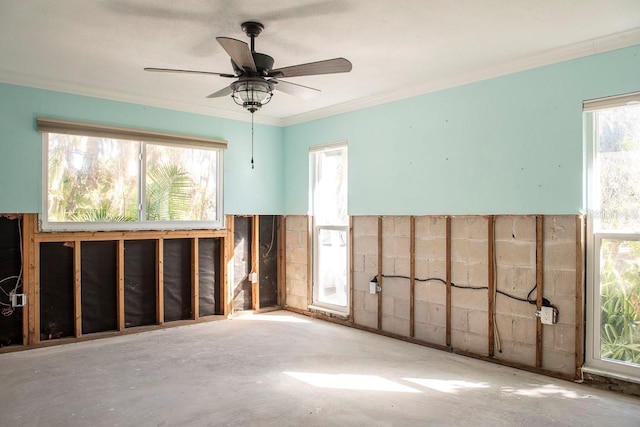 miscellaneous room featuring ceiling fan and ornamental molding