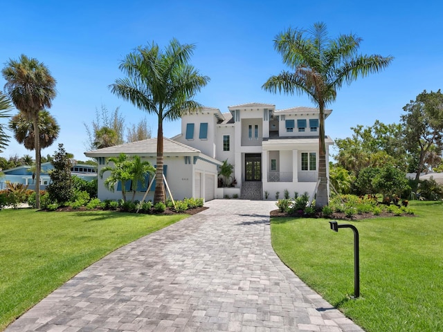 mediterranean / spanish house featuring a garage and a front lawn