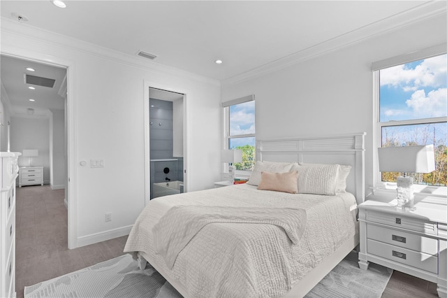 bedroom featuring wood-type flooring and crown molding