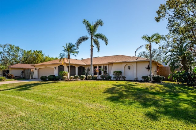 ranch-style house with a front lawn and a garage