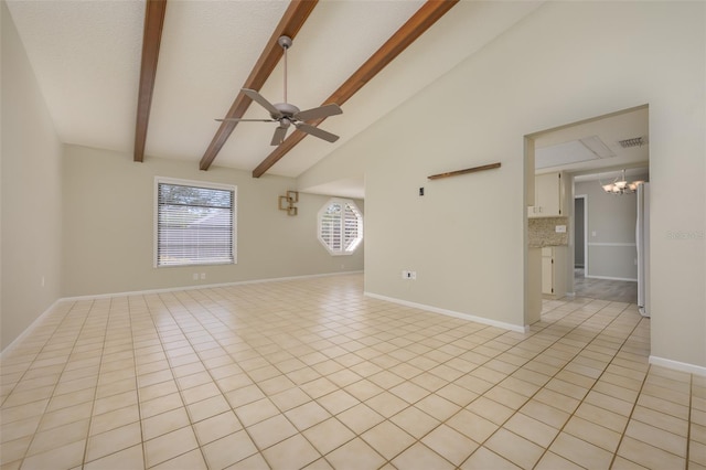 unfurnished room with light tile patterned floors, lofted ceiling with beams, and ceiling fan with notable chandelier