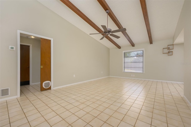 tiled empty room featuring beam ceiling, a textured ceiling, high vaulted ceiling, and ceiling fan