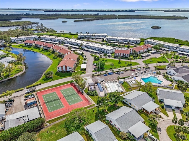 aerial view featuring a water view