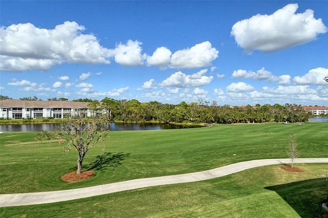 view of home's community featuring a water view and a yard