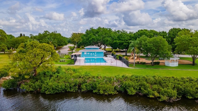 birds eye view of property featuring a water view