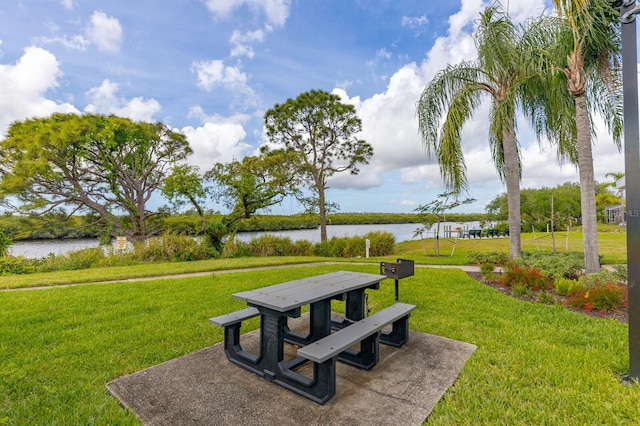 view of home's community featuring a water view and a yard