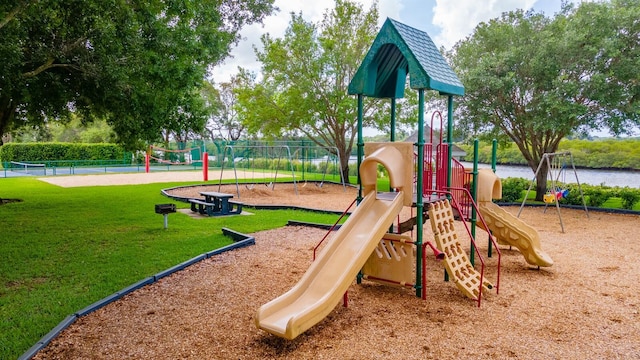 view of playground featuring a water view