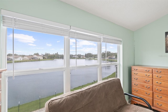 living area featuring vaulted ceiling, a water view, and a textured ceiling