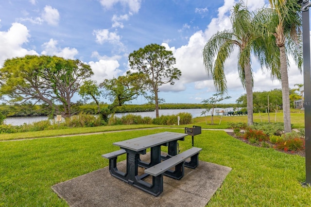 view of community with a lawn and a water view