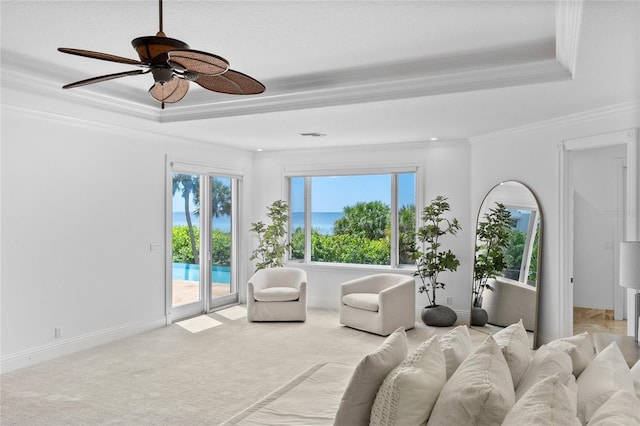 bedroom with access to outside, ceiling fan, light colored carpet, and ornamental molding