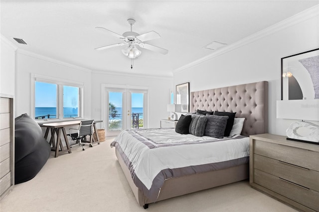 carpeted bedroom with access to exterior, ceiling fan, a water view, and crown molding