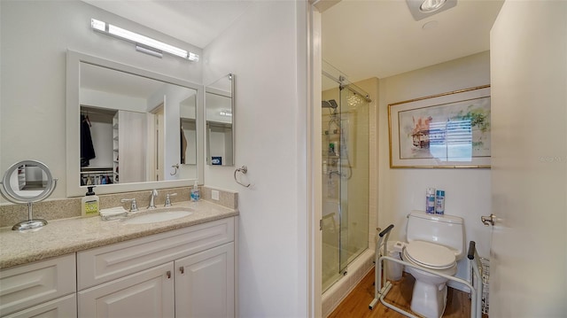 bathroom featuring toilet, vanity, and hardwood / wood-style flooring