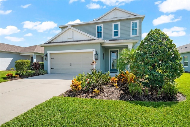 4704 Foxtail Dr, Parrish, FL 34219 - traditional home with a garage, driveway, a front yard, and board and batten siding