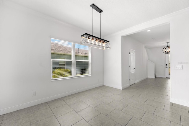 unfurnished dining area with light tile patterned floors and ornamental molding