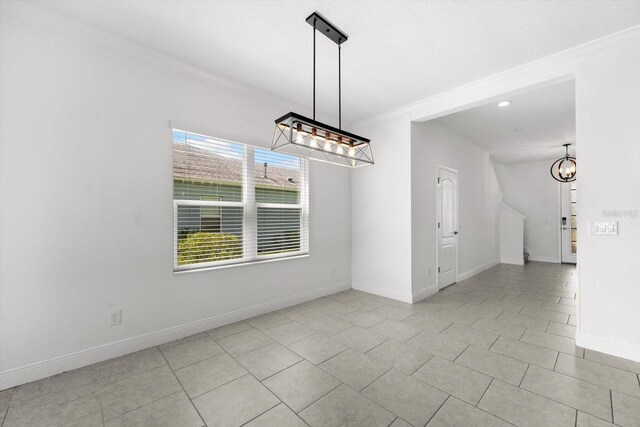 4704 Foxtail Dr, Parrish, FL 34219 - unfurnished dining area with a chandelier, ornamental molding, tile patterned flooring, baseboards, and recessed lighting