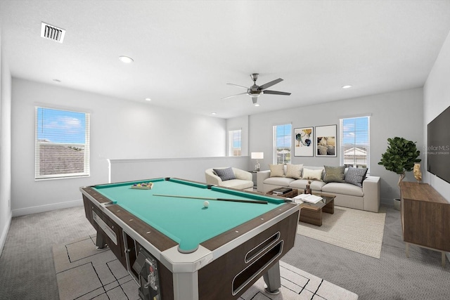 game room with plenty of natural light, light colored carpet, and billiards