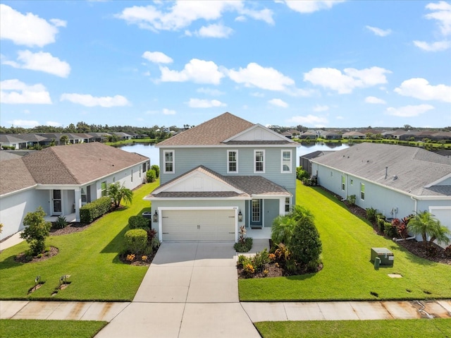 view of front property with a front lawn, a water view, and a garage