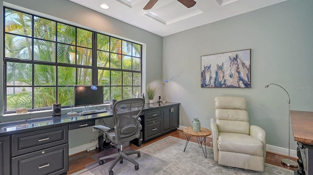 office space with ceiling fan, light hardwood / wood-style floors, beamed ceiling, and coffered ceiling