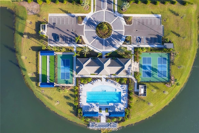 bird's eye view with a water view