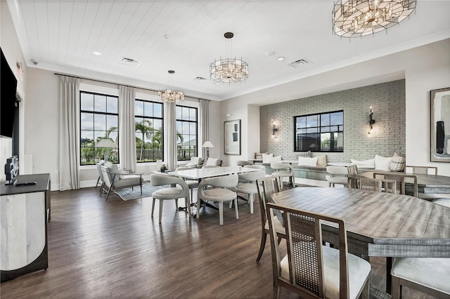 dining room featuring dark wood-type flooring, wood ceiling, crown molding, a notable chandelier, and brick wall