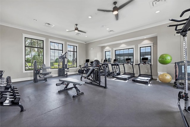 workout area with ornamental molding and ceiling fan