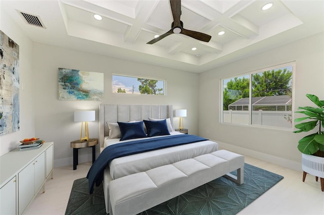 bedroom featuring beamed ceiling, coffered ceiling, and ceiling fan