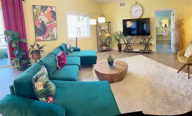 living room with hardwood / wood-style flooring and crown molding