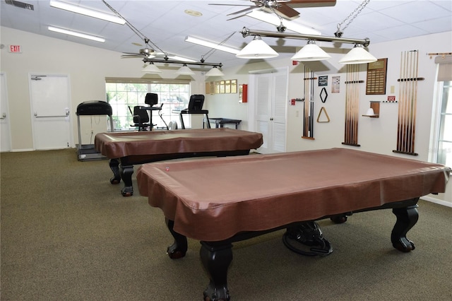 rec room with carpet flooring, vaulted ceiling, ceiling fan, and billiards