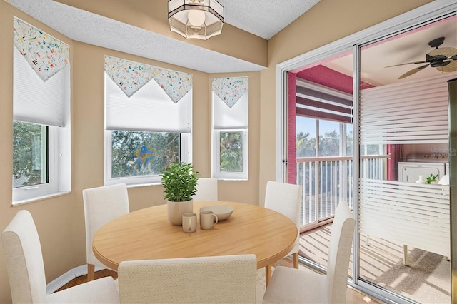 dining room featuring ceiling fan, a healthy amount of sunlight, and a textured ceiling