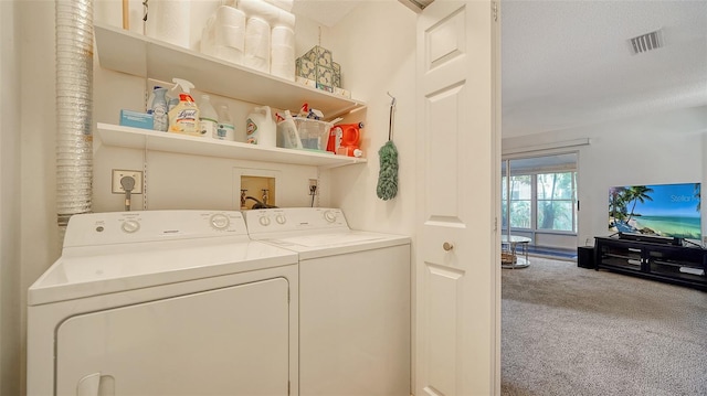 clothes washing area featuring carpet floors, a textured ceiling, and washing machine and clothes dryer