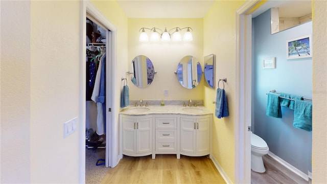 bathroom with hardwood / wood-style flooring, vanity, and toilet