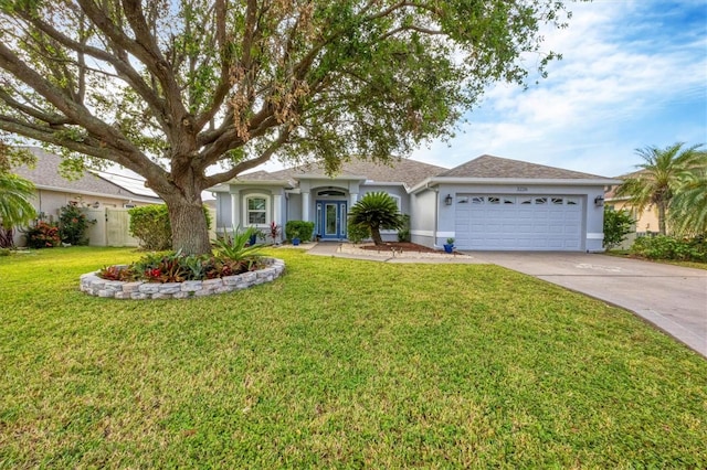 ranch-style house featuring fence, concrete driveway, a front yard, stucco siding, and an attached garage