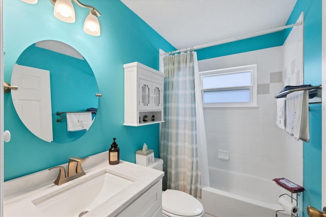 full bathroom featuring vanity, shower / bath combo, and toilet